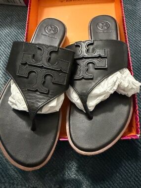 Tory Burch Black Leather Logo Thong Sandals